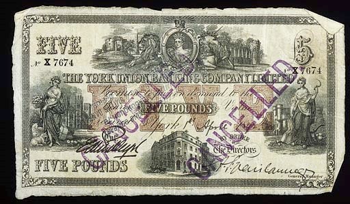 York Union Banking Company Limited, £5, York, 1 April 1892, serial no. X 7674, colour and design as previous but value in brown underprint at centre, rev. blue and white, design as last, also value in red at left and right (cf GR 5747B), CANCELLED handstamped twice on face of note, very fine, very rare