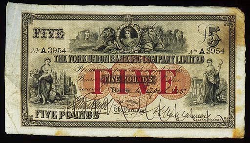 York Union Banking Company Limited, £5, York, 4 April 1895, serial no. A 3954, brown, black and white, value in red underprint at centre, Queen Victoria, lion and unicorn top centre, maiden at left and right, rev. blue and white, eagle and cherub (cf GR 5747B), very fine and very rare, a handsome perkins engraving