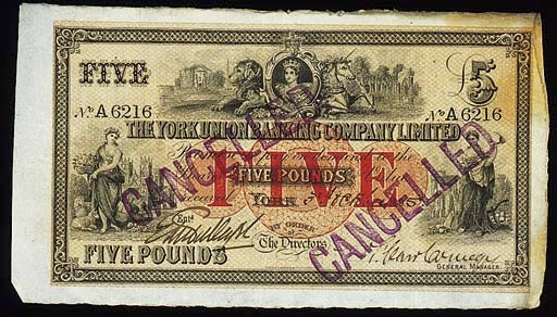 York Union Banking Company Limited, £5, York, 3 October 1895, serial no. A 6216, colour and design as previous (cf GR 5747B), good very fine, CANCELLED twice handstamped on face, very rare and a lovely example