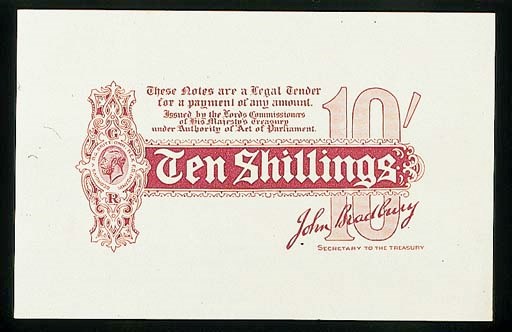 John Bradbury, trial 10/- on large format paper, ND (c.1914), maroon and white, George V left centre, value in maroon tablet at centre, value at right (see Duggleby P.8 for similar), about uncirculated and extremely rare