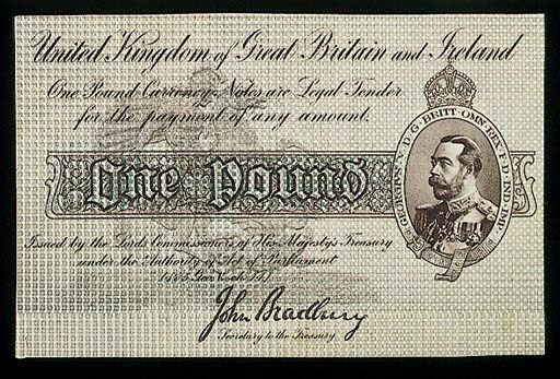John Bradbury, trial £1, ND (c.1914), green and pink, George V at right, George and the dragon in background at centre (Duggleby -), good extremely fine and extremely rare