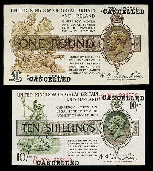 N K Warren-Fisher, 10/- and £1, ND (1919), prefixes D/11 and K/31 respectively, brown, green and white, George V at right, Britannia at left on 10/-, George and the dragon at left on £1 (T.26, 24), both notes are handstamped CANCELLED over the serial numbers, for use as specimens, about uncirculated and extremely rare 	 (2)