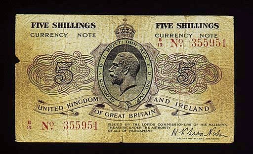 N K Warren-Fisher, 5/-, ND (1919), serial no. B/12 355951, lilac and green on white, crowned vignette of George V at centre, value at left and right, rev. green, value at centre (T.27), very good, very rare