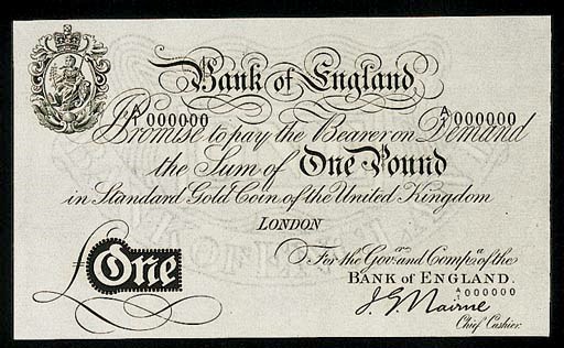 J G Nairne, £1 gold note, ND (1914), serial no. A/1 000000, black and white, crowned vignette of Britannia top left (B 208a), uncirculated, very rare, only 12 examples believed extant
