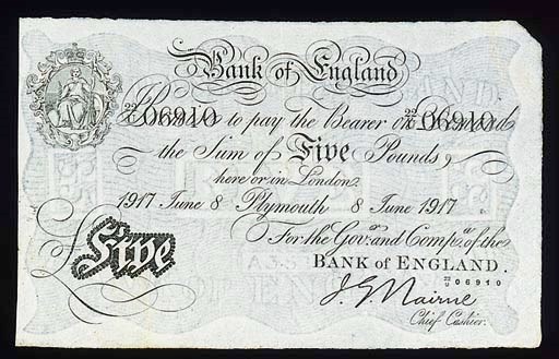 J G Nairne, £5, Plymouth, 8 June 1917, serial no. 22/U 06910, black and white, Britannia top left (B.208b), good fine, presentable and extremely rare