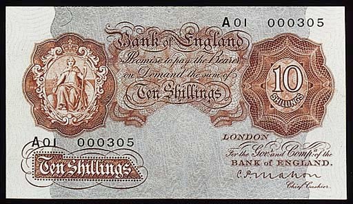 Bank of England, C P Mahon, 10/-, ND (1928), serial no. A 01 000305, brown, Britannia at left, value at right (B.210), uncirculated, a rare early number