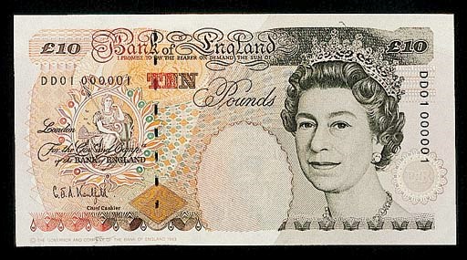 G E A Kentfield, £10, ND (1993), serial no. DD01 000001, brown and multicoloured, Elizabeth II at right (B.366), possibly the first number one Bank of England first series to be offered, uncirculated