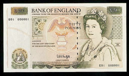 G E A Kentfield, £50, ND (1991), serial no. E01 000001, green and multicoloured, Elizabeth II at right, phoenix at centre (B 360), possibly the first number one Bank of England first series to be offered, this is the Duggleby plate note, uncirculated