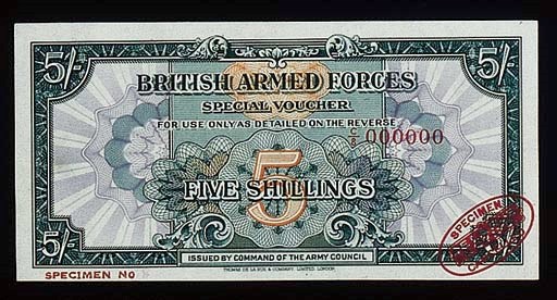 British Armed Forces, a group of the specimen of the ND (1946), first series comprising 3D, 6D, 1/-, 2/6, 5/-, 10/- (P.M9 - M.14), oval SPECIMEN De La Rue stamp low right, generally extremely fine, rare