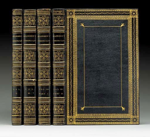 HOLINSHED, Raphael (d. ca. 1580). The First and Second Volumes of Chronicles, comprising 1 The description and historie of England, 2 The description and historie of Ireland, 3 The description and historie of Scotland... to the yeare 1586 by John Hooker aliàs Vowell Gent. -- The Chronicles of England, from William the Conquerour... until the yeare 1577... And continued from the yeare 1577, untill this present yeare of Grace 1585.. Edited by John Hooker, assisted by Francis Thynne, Abraham Fleming and John Stow. London: [H. Denham] at the expenses of John Harrison, George Bishop, Rafe Newberie, Henrie Denham and Thomas Woodcocke, 1587.