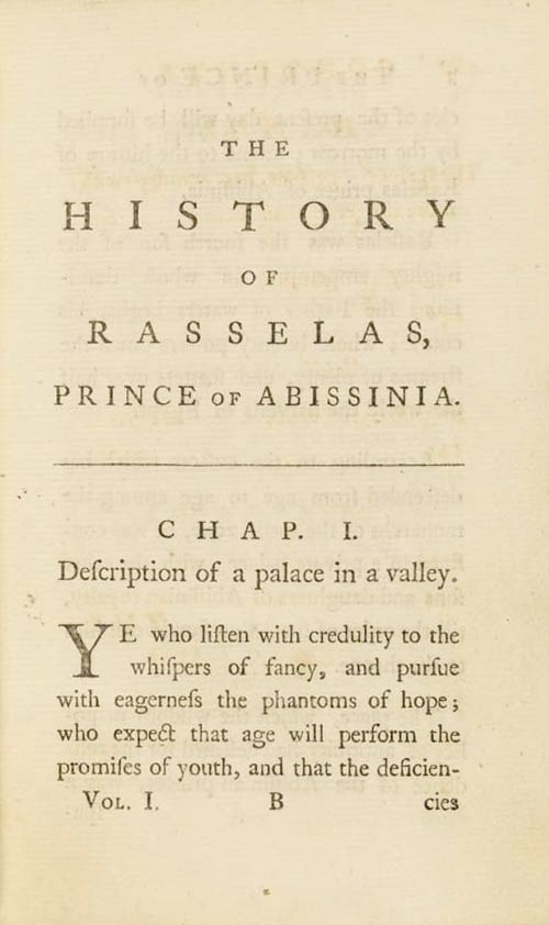 [JOHNSON, Samuel (1709-1784). Rasselas.] The Prince of Abissinia. London: R. and J. Dodsley, and W. Johnston, 1759.