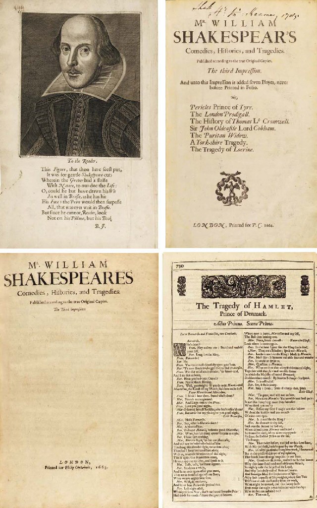 SHAKESPEARE, William (1564-1616). Comedies, Histories, and Tragedies. Published according to the true Original Copies. The third Impression. And unto this Impression is added seven Playes, never before Printed in Folio. Edited by John Heminge (d. 1630) and Henry Condell (d. 1627), except for Pericles and six spurious plays added by the publisher, Philip Chetwin (d. 1680). London: Printed [by Roger Daniel (190 edition sheets), John Hayes or Thomas Ratcliffe (46 sheets), and Alice Warren (21 sheets)] for P.C. 1664 (first-issue title: Philip Chetwinde, 1663).