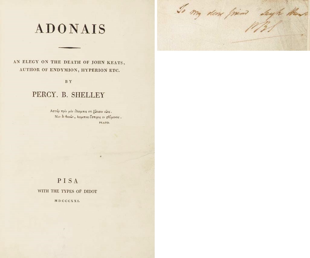 SHELLEY, Percy Bysshe (1792-1822). Adonais. An Elegy on the Death of John Keats, Author of Endymion, Hyperion Etc. Pisa: With the Types of Didot, 1821.