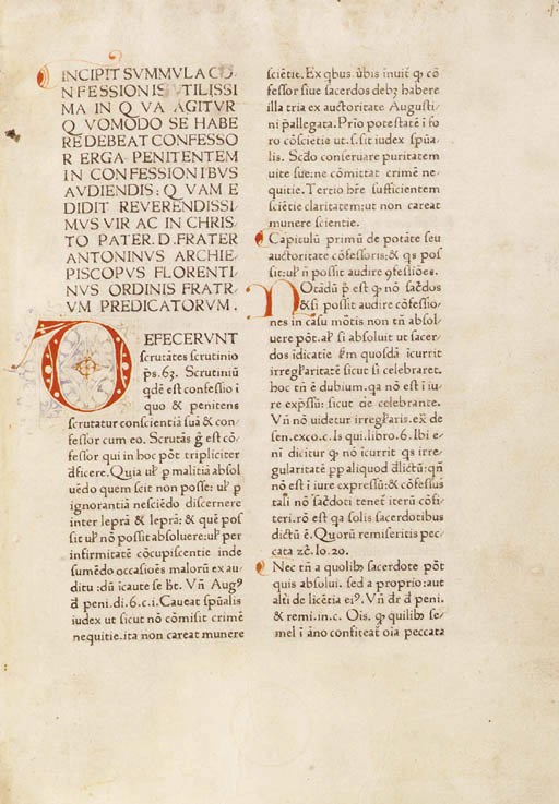 ANTONINUS FLORENTINUS (1389-1459, Saint). Confessionale, incipit Defecerunt scrutantes scrutinio. [Venice:] Bartholomaeus Cremonensis, [not after July] 1473.