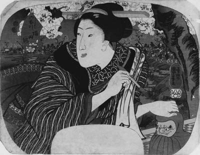 KUNIYOSHI: aiban uchiwa-e (22.6 x 29.3cm.); Sumidagawa "Sumida River", a beauty under a cherry tree by the river bank putting her hand on a figure of Daruma, representing cherry blossoms, from the series Rokkasen "Six flower rivers", signed Ichiyusai Kuniyoshi ga and published by Iseya Soemon--very good impression and color, slightly stained along edges, slightly soiled, binding holes on right, corners trimmed, a minute worm hole in the upper right margin