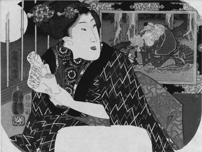 KUNIYOSHI: aiban uchiwa-e (21.9 x 28.9cm.); a beauty with a partially unrolled letter before a portrait of Sojobo, king of the tengu, in a decorated frame, entitled Imayo gakumen awase "Collection of modern framed pictures", signed Ichiyusai Kuniyoshi ga--very good impression and color, very slightly stained on the bottom, binding holes on right, a minor worm hole in upper right margin