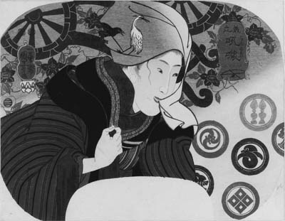 KUNIYOSHI: aiban uchiwa-e (22.9 x 29.3cm.); a woman biting the edge of her kerchief before a backdrop of a cart and clematis vines, entitled Mitate Konkai "Parody of Konkai" (the alternate title for the kyogen farce, Tsuri gitsune)", signed Ichiyusai Kuniyoshi ga and published by Ibaya Senzaburo--fine impression and color, two minute worm holes on upper left margin, otherwise very good condition