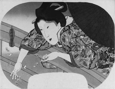 KUNIYOSHI: aiban uchiwa-e (22.7 x 29.2cm.); a woman on a bridge under an umbrella throwing paper votive slips printed with Buddhist figures into the wind, signed Chooro Kuniyoshi ga--very good impression, color and condition