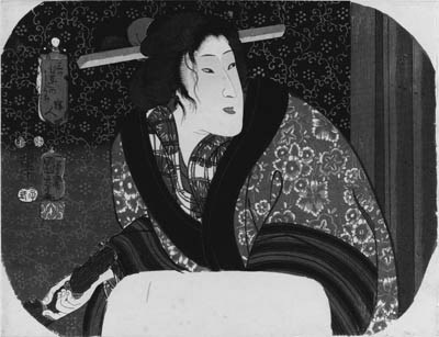 KUNIYOSHI: aiban uchiwa-e (22.8 x 29.6cm.); Kariudo "Hunter", from the series Mitsubisoshi no uchi, illustrating a beauty in a thick overcoat holding a piece of wood, signed Ichiyusai Kuniyoshi ga, censor's seal corresponding to 1852, second month--very good impression and color, binding holes on right, otherwise good condition