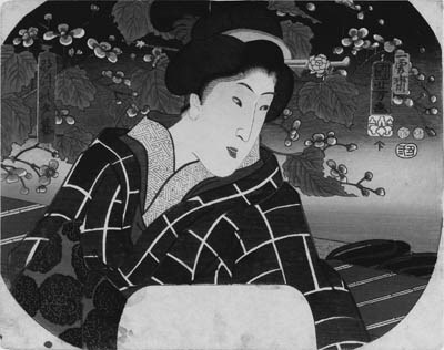 KUNIYOSHI: aiban uchiwa-e (22.8 x 29cm.); Natsu no yugure "A summer evening", a beauty on a veranda with overhanging branches of a flowering tree, signed Ichiyusai Kuniyoshi ga, censor's seal corresponding to 1853, second month, published by Enshuya Matabei--very good impression and color, slightly soiled along bottom edge, minor stains on the bottom