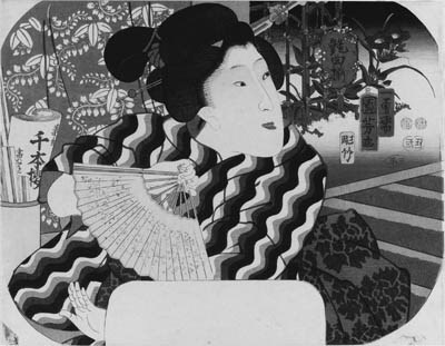 KUNIYOSHI: aiban uchiwa-e (22.8 x 29.4cm.); a woman on a terrace dancing with a fan, from the series Enkyoku zoroi "Collection of charming music", signed Ichiyusai Kuniyoshi ga, censor's seal corresponding to 1853, second month--very good impression, color and condition