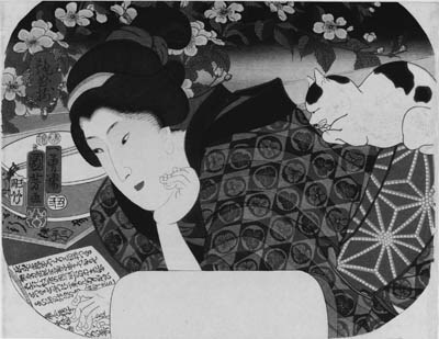 KUNIYOSHI: aiban uchiwa-e (22.8 x 29.4cm.); a woman reading a libretto and a cat dozing on her back, from the series Enkyoku zoroi "Collection of charming music", signed Ichiyusai Kuniyoshi ga, censor's seal corresponding to 1853, second month--very good impression and color, slightly stained along side edges, binding holes on left edge