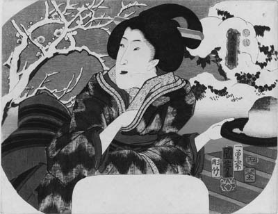 KUNIYOSHI: aiban uchiwa-e (22.7 x 29.5cm.); a beauty on a terrace overlooking the flowering plum and bushes of a garden in snow carrying snow on a tray, the snow image from the series Bijin gekkasetsu "Beauties, moon, flower and snow", signed Ichiyusai Kuniyoshi ga, censor's seal corresponding to 1853, second month, published by Kojimaya Jubei--very good impression and color, slightly stained along edges, minute tear on upper left margin, otherwise good condition