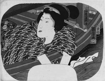 KUNIYOSHI: aiban uchiwa-e (23.2 x 30cm.); Ryo "Cool", a woman dipping her wrists in the river over the edge of a boat, from the series Imayo rokkasen "Six modern choices for summer", signed Ichiyusai Kuniyoshi ga, the censor's seal corresponding to 1853, second month, published by Izumiya--fine impression and color, left edge very slightly soiled, minute worm holes on lower margins, otherwise good condition