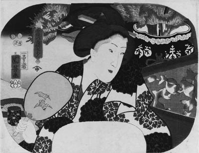 KUNIYOSHI: aiban uchiwa-e (22.8 x 29.5cm.); Mizuban "Water guard", a woman standing by a tank of goldfish, from the series Imayo rokkasen "Six modern choices for summer", signed Ichiyusai Kuniyoshi ga, the censor's seal corresponding to 1853, second month, published by Izumiya--very good impression and color, very slight stain along side edges, otherwise good condition