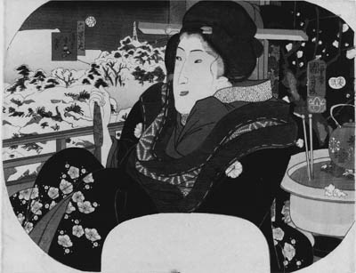 KUNIYOSHI: aiban uchiwa-e (22.7 x 29.5cm.); Sensoji no yuki "Snow at Sensoji temple", from the series Mutsu geshiki "Six views", signed Ichiyusai Kuniyoshi ga, censor's seal corresponding to 1854, second month, published by Iseya Soemon--fine impression and color, slight stain along both side edges, otherwise good condition