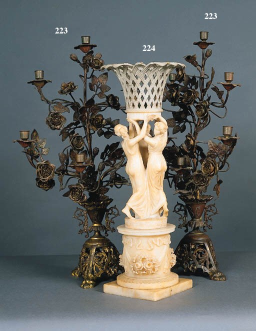 A PAIR OF ITALIAN ROCOCO STYLE GILT AND PATINATED BRONZE SEVEN-LIGHT CANDELABRA