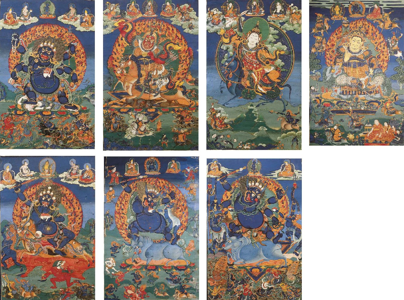 a rare set of eight tibetan thang.kas depicting protective deities