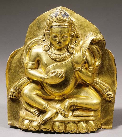 a tibetan gilt-copper placque depicting dhrtarashtra