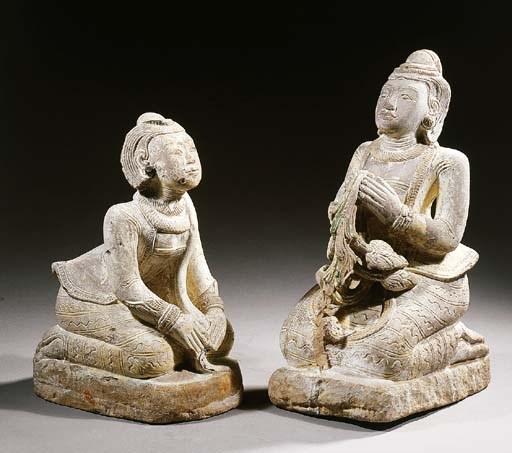 a pair of burmese stone female adorants