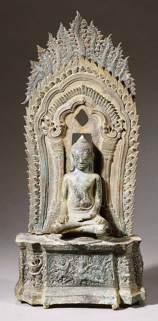 a khmer-lopburi style bronze figure of buddha shakyamuni seated on a throne