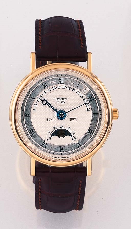 BREGUET. A FINE 18K GOLD SELF-WINDING PREPETUAL CALENDAR WRISTWATCH WITH PHASES OF THE MOON
