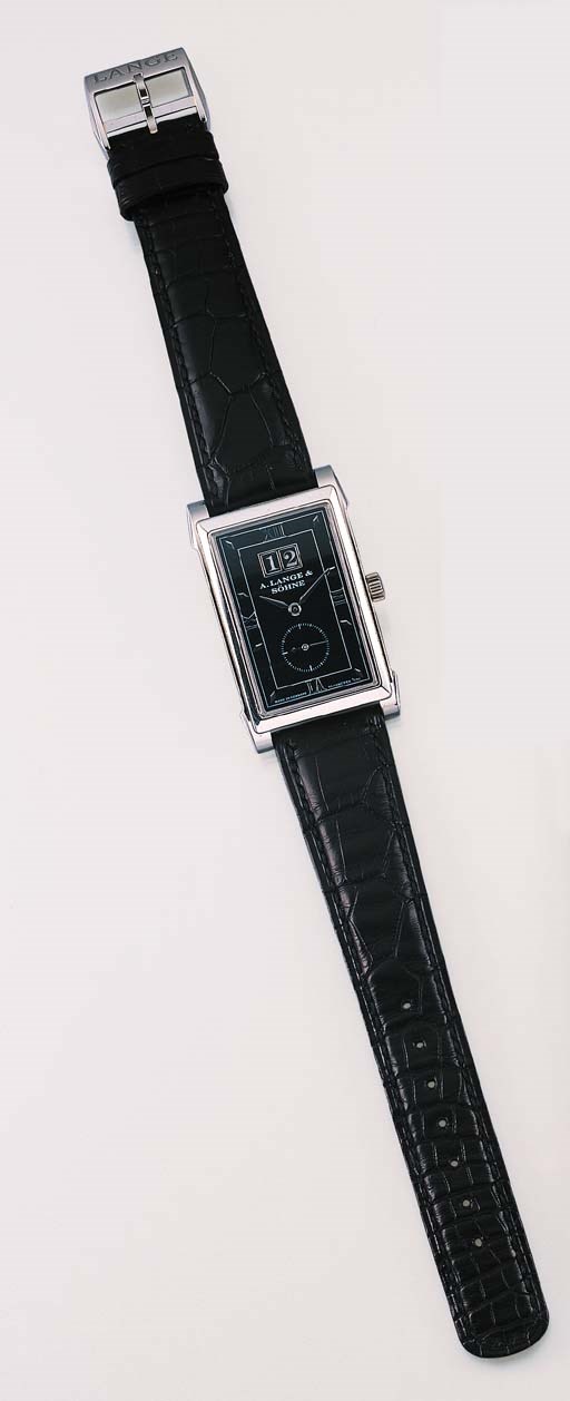 A. LANGE & SOHNE. A FINE PLATINUM RECTANGULAR WRISTWATCH WITH DATE
