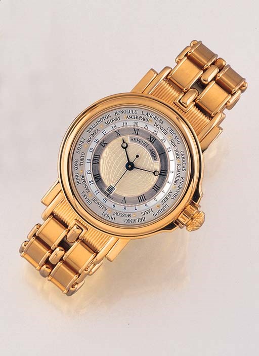 BREGUET. AN 18K GOLD SELF-WINDING WORLD TIME WRISTWATCH WITH SWEEP CENTRE SECONDS, DATE AND BRACELET