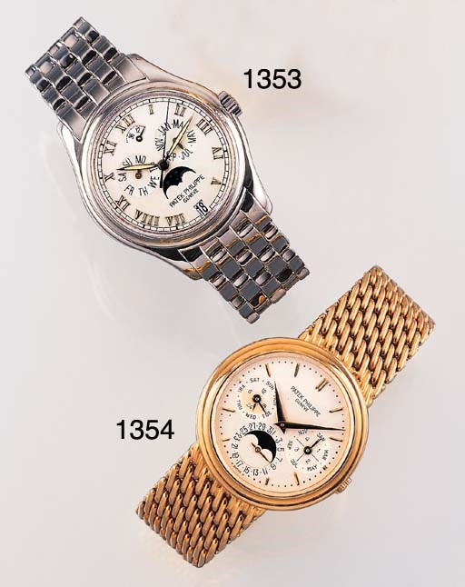 PATEK PHILIPPE. A FINE 18K GOLD SELF-WINDING PERPETUAL CALENDAR WRISTWATCH WITH BRACELET