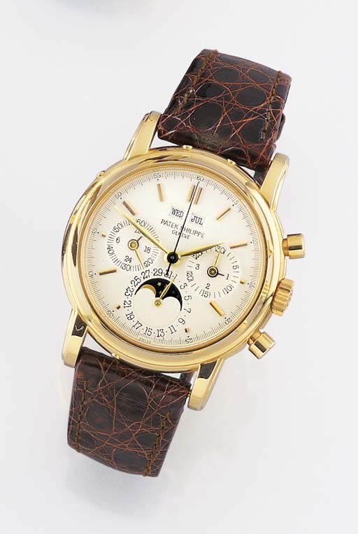 PATEK PHILIPPE. AN 18K GOLD CHRONOGRAPH WRISTWATCH WITH PERPETUAL CALENDAR AND PHASES OF THE MOON