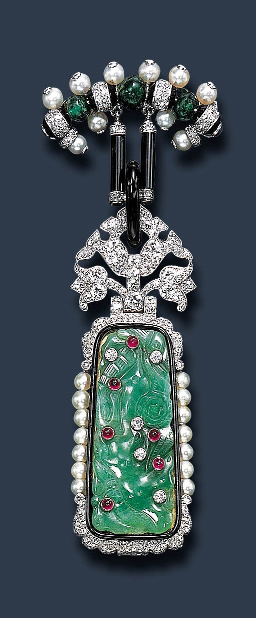 AN ART DECO PEARL AND GEM-SET LAPEL WATCH, BY CARTIER
