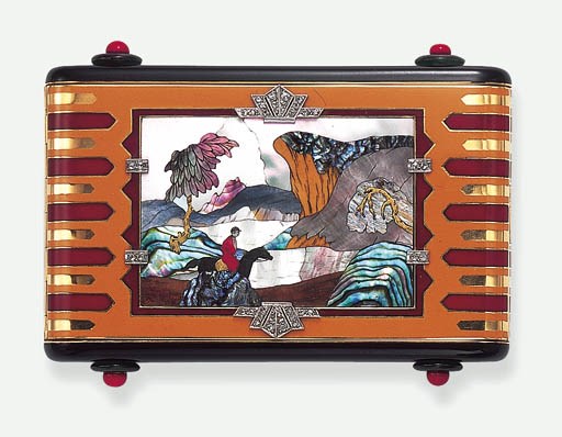 AN ART DECO ENAMEL, MOTHER-OF-PEARL AND GEM-SET "RIDER AND HORSE" VANITY CASE, BY BLACK STARR & FROST