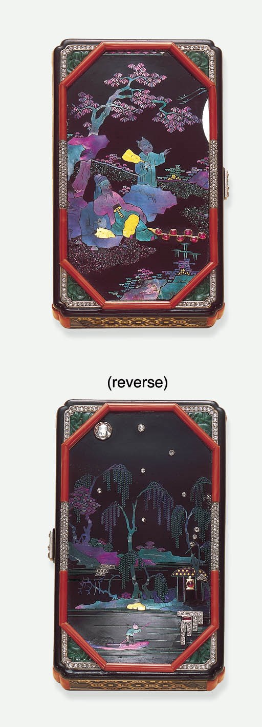 AN EXTREMELY RARE ART DECO LACQUER, ENAMEL AND GEM-SET "CHINOISE" VANITY CASE, BY CARTIER