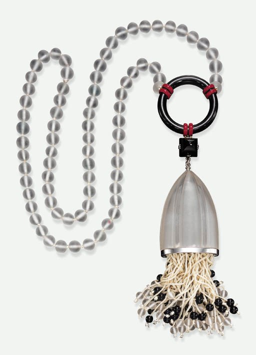 A RARE ART DECO ROCK CRYSTAL, ONYX AND ENAMEL SAUTOIR, BY GEORGES FOUQUET