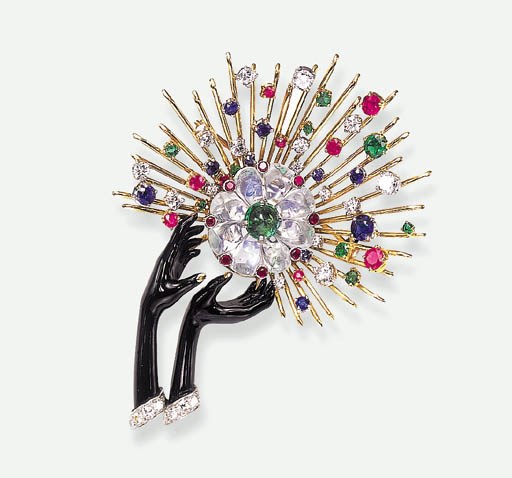 A MOONSTONE, BLACK ENAMEL AND GEM-SET BROOCH