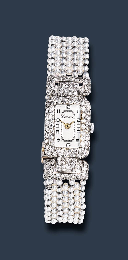 A DIAMOND AND PEARL WRISTWATCH