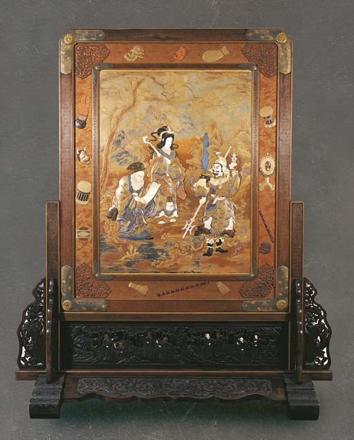 A large and impressive lacquer screen with stand, tsuitate
