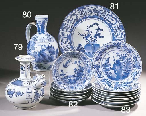 A set of six Kakiemon-style blue and white saucer dishes