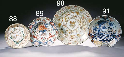 An Imari barber's bowl and a dish