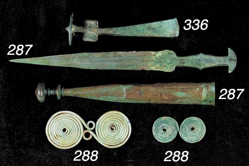 A VILLANOVAN BRONZE DAGGER AND SCABBARD